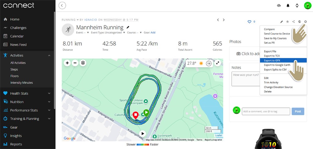 Garmin Connect: step 2 — Export GPX