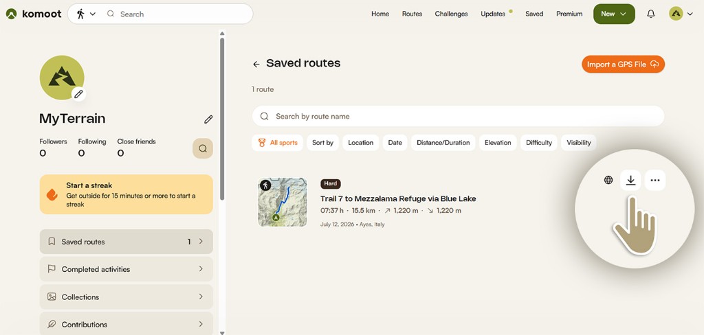 Komoot: step 2 — Saved routes